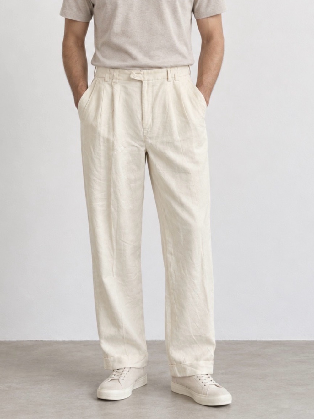 Lorenzini Cream 100% Linen Pleated Tailored Dress Trousers Pants 40